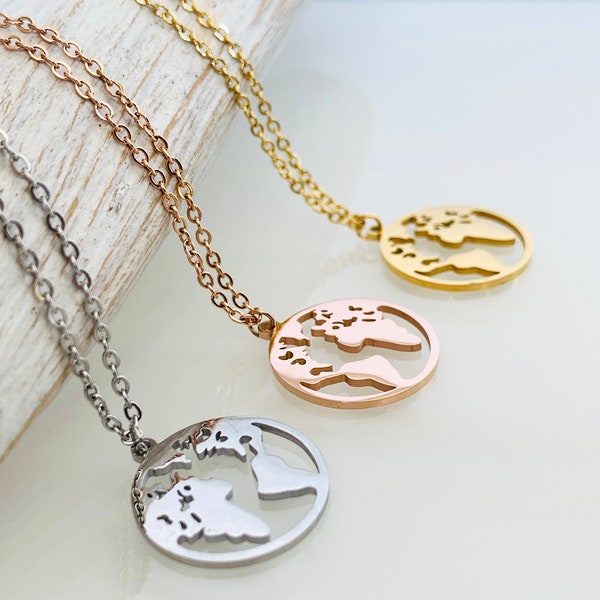 Collier mappemonde en acier inoxydable 3 couleurs disponibles argent, or et or rose