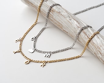 Collier personnalisé prénom, lettres d'initiales, maille figaro en acier inoxydable