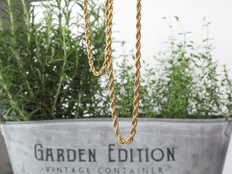May include: Two gold rope chains hanging against a background of green plants. The chains are of different lengths.