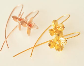 Può includere: Un paio di orecchini pendenti a forma di fiore in oro e oro rosa. Gli orecchini hanno un design delicato e femminile e sono perfetti per aggiungere un tocco di eleganza a qualsiasi outfit.