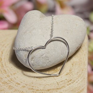 Puede incluir: Un collar con colgante de coraz&oacute;n plateado. El colgante es un simple contorno de un coraz&oacute;n, suspendido de una delicada cadena. El collar se exhibe sobre una piedra gris clara, con un fondo floral borroso.