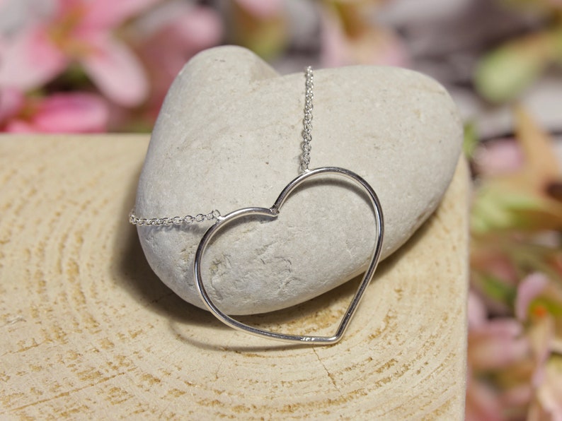 Puede incluir: Un collar con colgante de coraz&oacute;n plateado. El colgante es un simple contorno de un coraz&oacute;n, suspendido de una delicada cadena. El collar se exhibe sobre una piedra gris clara, con un fondo floral borroso.