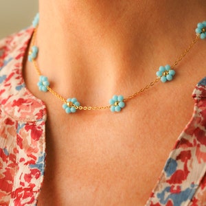 Collier fleurs en acier inoxydable plaqué or Turquoise