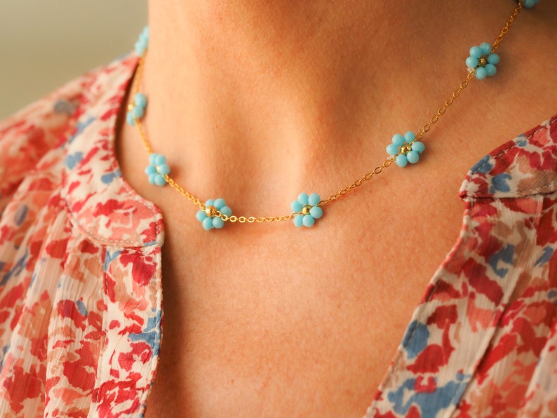 Collier fleurs en acier inoxydable plaqué or Turquoise