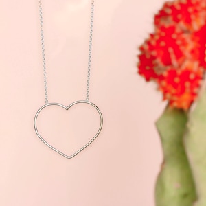 Puede incluir: Un collar con colgante en forma de coraz&oacute;n plateado. El colgante es un simple contorno de coraz&oacute;n, suspendido de una delicada cadena. El fondo es rosa suave, con una vista borrosa de un cactus rojo.