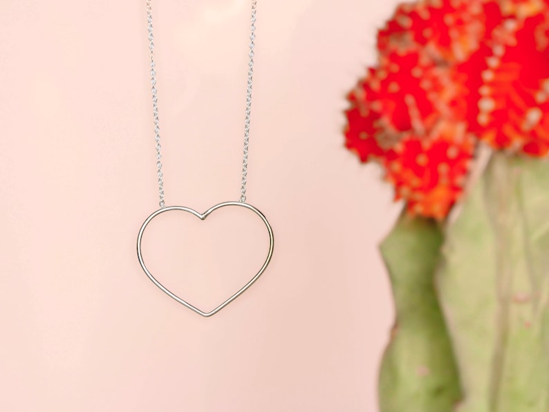 Puede incluir: Un collar con colgante en forma de coraz&oacute;n plateado. El colgante es un simple contorno de coraz&oacute;n, suspendido de una delicada cadena. El fondo es rosa suave, con una vista borrosa de un cactus rojo.