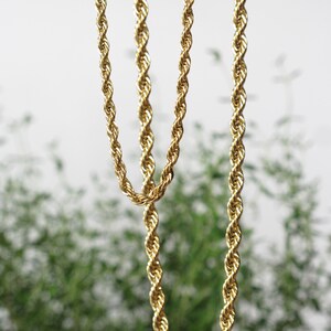 May include: Two gold rope chains hanging against a blurred green background.