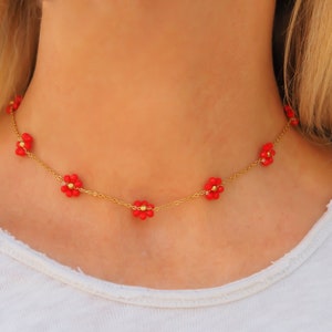 Collier fleurs en acier inoxydable plaqué or Rouge