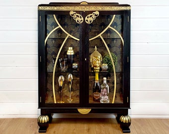 Vintage drinks cabinet, gin cabinet, display cabinet - oak cabinet painted black and gold