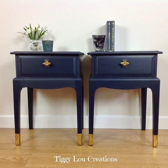 Sold Example Stag Minstrel Bedside Cabinets In Midnight Blue Etsy