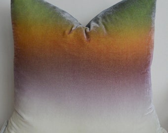 Ombre Velvet Throw Pillow Cover 18" x 18" • Hand painted silk velvet by Fabric17 Studio • 2-sides purple to orange to green ombré on white