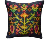 Black boho pillow cover 17 quot . Hand painted silk taffeta, Ukrainian ethnic pattern. Black silk velvet on reverse. Luxury handmade by Fabric17