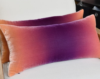 Purple Ombre Velvet Lumbar Pillow Cover 12" x 24" • Hand dyed silk velvet by Fabric17 Studio • Purple to Orange Ombré • Velvet pillowcase