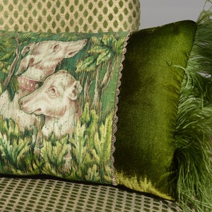 Fringed Pillow Cover 15" x 22" • Hand painted silk taffeta & silk velvet by Fabric17 Studio • Two Dogs in Green, Based on Tapestry XV c.