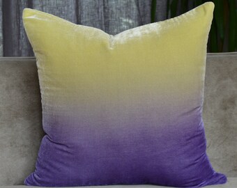 Ombré Velvet Throw Pillow Cover 20" x 20" • Hand dyed silk velvet by Fabric17Studio • Violet to lemon yellow ombre • Velvet throw pillowcase