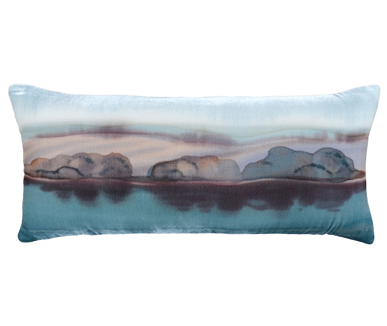 Hand Painted Landscape Art on Luxurious Silk Velvet High-End Velvet Lumbar Pillow Cover Hand painted velvet cushion by FABRIC17 Studio