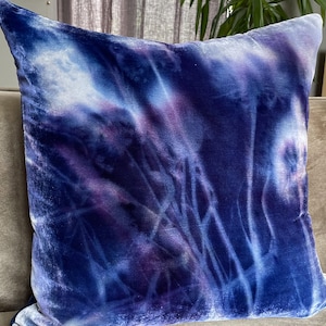 Blue Silk Velvet Throw Pillow Cover 20&quot; x 20&quot; • Hand painted silk velvet by Fabric17 Studio • Blue abstract art • Decorative pillowcase