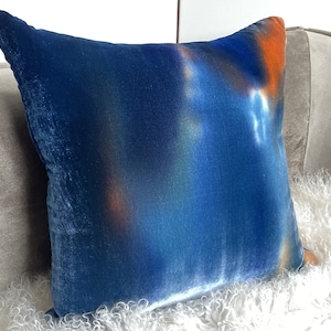 Blue Silk Velvet Throw Pillow Cover 17&quot; x 17&quot; • Hand painted silk velvet by Fabric17 Studio • Abstract blue cushion cover, velvet pillowcase