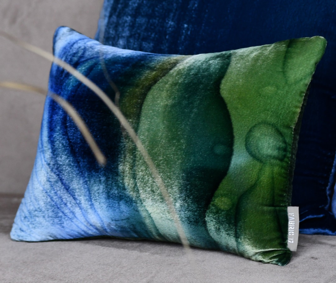 Velvet Lumbar Pillow Cover 12 X 16 Hand Painted Silk Velvet by Fabric17 Studio Blue & Green