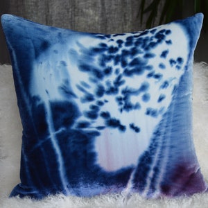 Blue Silk Velvet Throw Pillow Cover 21&quot; x 21&quot; • Hand painted silk velvet by Fabric17Studio, blue floral art • Velvet decorative pillow cover