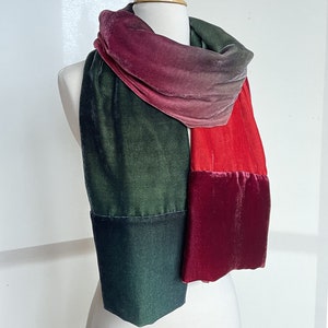 Velvet scarf 75" x 14" • Hand dyed silk velvet • Red to green ombré on both sides • Luxurious velvet scarf by FABRIC17 STUDIO