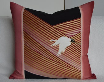 Vintage Japanese Kimono Throw Pillow Cover 18" x 18" by Fabric17 Studio • Hand Painted Gold & Black Silk Crepe de Chine, Pink Ombre