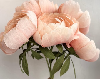 Peach Paper Peony Bouquet, Coral Charm Peony Flowers, 1st Wedding Anniversary Gift, Handmade Crepe Paper Flowers