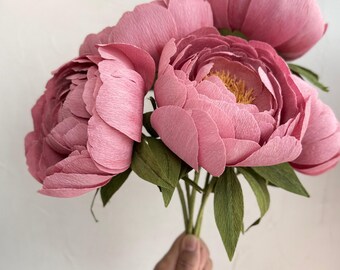 Donkerroze papieren pioenrozenboeket: crêpepapierbloemen voor bruiloftdecor en papier Jubileumcadeaus - Realistische nepbloemen Vaasarrangementen