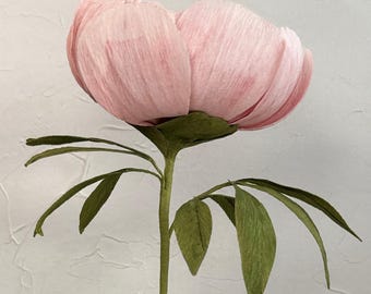 Blush Paper Peony Stem, Handmade Crepe Paper Flower, 1st Anniversary Gift, Paper Flower Stem
