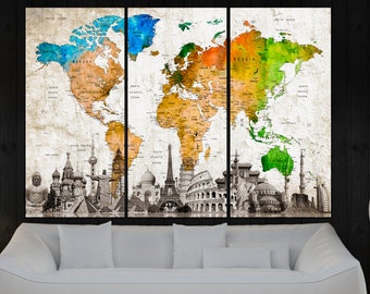 Large Push pin world map wall art, Abstract map canvas print, travel map, watercolor print, world map canvas art, map art decor No10S08