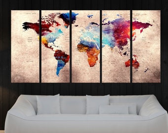 5 panel large Push pin world map wall art canvas Travel world map Extra large wall art print World map push pin canvas art print No:9s31