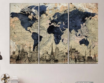 AB1040 Old Blue World Map Retro Abstract Canvas Wall Art Large Picture Prints 