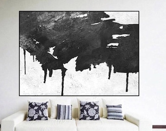 Large Black and White Abstract Painting, Modern Wall Art, Office Decor