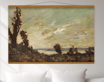 Tapiz de paisaje vintage / Lienzo extragrande para colgar en la pared / Impresión artística de un paisaje campestre sereno / Decoración rústica de una granja / Arte textil hn70