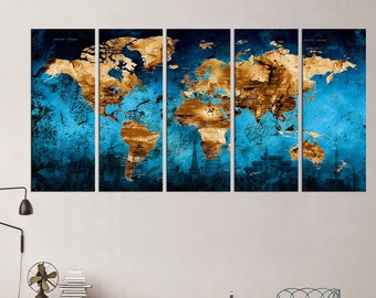 world map wall art, Large canvas art,  world map print, travel map canvas poster for living room, Adventure map framed qn83