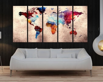large Push pin world map wall art canvas print Travel world map with details Extra large wall art World map canvas print 5 panel  9s31