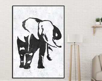 Abstract Painting Elephant art Extra large wall art original painting on canvas black and white elephant modern wall art Acrylic painting