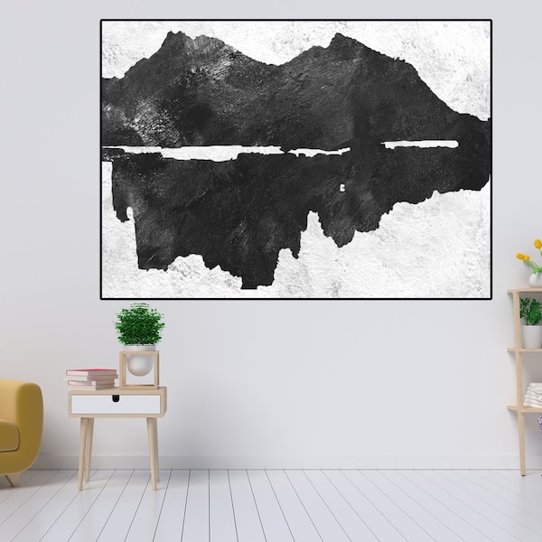 Extra large Abstract Mountains wall art original painting on canvas black and white minimal modern wall art for living room Acrylic painting