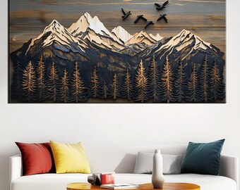 Mountain Landscape Wall Art | Wood Texture Canvas Print | Rustic Cabin Decor | Large Nature Wall Art | Forest Mountain Canvas Print md464