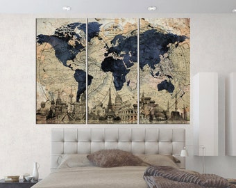 Large abstract art on canvas world map wall art Old world map canvas print  rustic world map  3 panel wall art stretched wood No:qn67