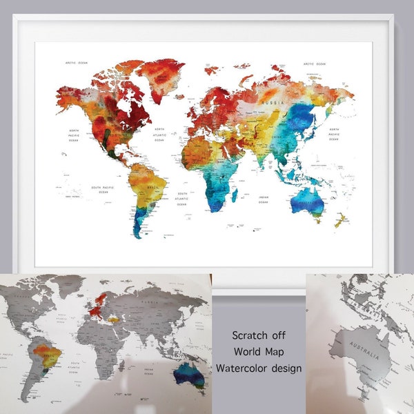 Scratch Off map A World of Adventures Travel Map With Silver Color Scratch-off  world map Above Vibrant Watercolor Map above bed wall art