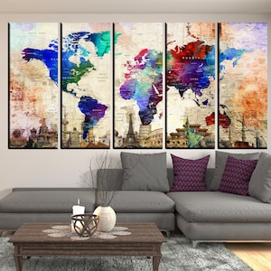 Large wall art Push pin world map canvas print, travel world map, extra large canvas print, colorful world map art, abstract wall art hr158