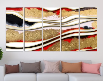 Large Abstract canvas print, Gold marble wall art red black and white abstract art print modern wall decor, marble art interior decor ab59