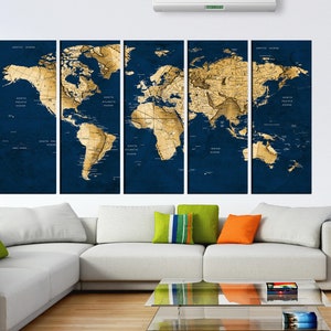 Arte de la pared del mapa del mundo, impresión del mapa del mundo del alfiler azul marino, mapa de viajes del viejo mundo, marco de madera estirada 5 panel listo para colgar hr116