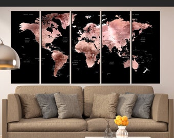 Large wall art World Map Rose Gold Canvas print set Push Pin watercolor world map, travel map for wall, world map home decor hr140