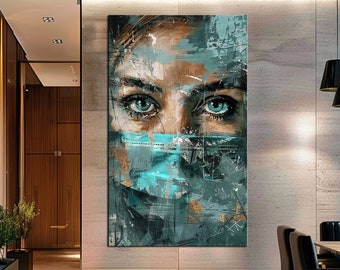 Stunning Turquoise Veiled Woman Canvas Print - Green-Eyed Abstract Portrait, Extra Large Wall Art, Elegant Home Decor md24
