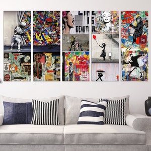 Mr. Brainwash Canvas Art Print | Graffiti Collage Wall Art | Banksy Style Street Art | Contemporary Collage Art Print for living room df40
