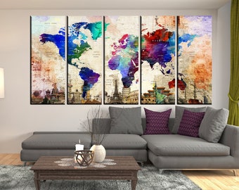 Arte de pared grande Push pin mapa del mundo impresión de lienzo, mapa del mundo de viajes, impresión de lienzo extra grande, arte colorido del mapa del mundo, arte abstracto de la pared hr158