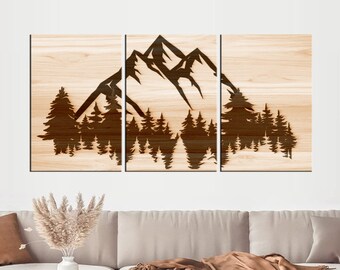 XLarge 3 panel Wood effect art mountains canvas print forest wall art print Framed Rustic wall decor over the bed wood texture art  df261