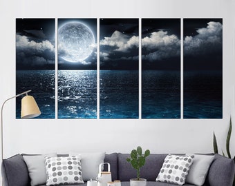 Lienzo decorativo de pared con luna llena, decoración de cielo nocturno extragrande, arte de pared con vista a la luna para el hogar, regalo de inauguración de la casa df213